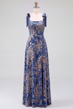 Dark Green A-Line Square Neck Long Velvet Bridesmaid Dress with Slit