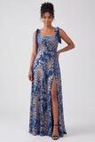 Dark Green A-Line Square Neck Long Velvet Bridesmaid Dress with Slit