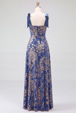 Dark Green A-Line Square Neck Long Velvet Bridesmaid Dress with Slit