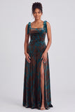 Dark Green A-Line Square Neck Long Velvet Bridesmaid Dress with Slit
