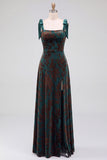 Dark Green A-Line Square Neck Long Velvet Bridesmaid Dress with Slit