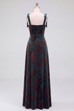 Dark Green A-Line Square Neck Long Velvet Bridesmaid Dress with Slit