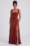 Dark Green A-Line Square Neck Long Velvet Bridesmaid Dress with Slit