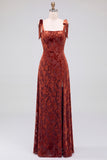 Dark Green A-Line Square Neck Long Velvet Bridesmaid Dress with Slit