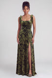 Dark Green A-Line Square Neck Long Velvet Bridesmaid Dress with Slit