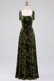 Dark Green A-Line Square Neck Long Velvet Bridesmaid Dress with Slit