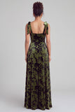 Dark Green A-Line Square Neck Long Velvet Bridesmaid Dress with Slit