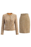 Golden Tweed Single Breasted Long Sleeves Work Dress with Pockets