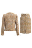 Golden Tweed Single Breasted Long Sleeves Work Dress with Pockets
