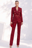 Sparkly Red 2 Piece Peak Lapel Double Breasted Sequins Women Suits