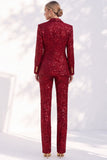 Sparkly Red 2 Piece Peak Lapel Double Breasted Sequins Women Suits