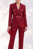 Sparkly Red 2 Piece Peak Lapel Double Breasted Sequins Women Suits