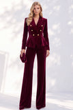 Burgundy Velvet Peak Lapel Peplum V-Neck 2 Piece Women Suits