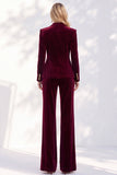 Burgundy Velvet Peak Lapel Peplum V-Neck 2 Piece Women Suits