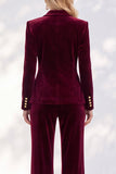 Burgundy Velvet Peak Lapel Peplum V-Neck 2 Piece Women Suits