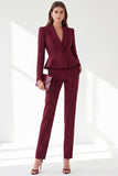 Burgundy Shawl Lapel Long Sleeves V-Neck Peplum 2 Piece Women Suits