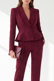 Burgundy Shawl Lapel Long Sleeves V-Neck Peplum 2 Piece Women Suits