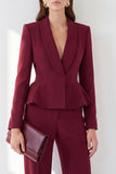 Burgundy Shawl Lapel Long Sleeves V-Neck Peplum 2 Piece Women Suits