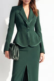 Dark Green Two Piece Notched Lapel Long Sleeves Front Slit Women Suits