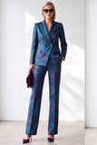 Dark Blue Jacquard Peak Lapel Double Breasted Women Suits with Pockets