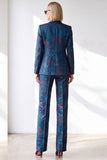 Dark Blue Jacquard Peak Lapel Double Breasted Women Suits with Pockets