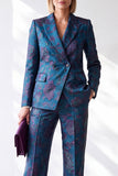 Dark Blue Jacquard Peak Lapel Double Breasted Women Suits with Pockets