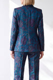 Dark Blue Jacquard Peak Lapel Double Breasted Women Suits with Pockets
