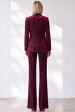 Burgundy Velvet Pinstripe Shawl Lapel Single Breasted Long Women Suits