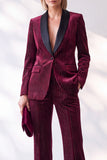 Burgundy Velvet Pinstripe Shawl Lapel Single Breasted Long Women Suits