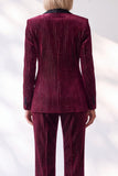 Burgundy Velvet Pinstripe Shawl Lapel Single Breasted Long Women Suits