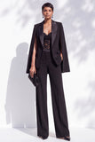 Black Peak Lapel Single Breasted 2 Piece Cape Satin Women Suits