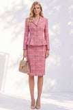 Pink Notched Lapel Tweed Plaid Single Breasted Peplum Women Suits with Pockets