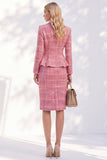 Pink Notched Lapel Tweed Plaid Single Breasted Peplum Women Suits with Pockets