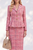 Pink Notched Lapel Tweed Plaid Single Breasted Peplum Women Suits with Pockets