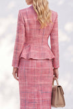 Pink Notched Lapel Tweed Plaid Single Breasted Peplum Women Suits with Pockets