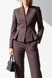 Coffee Pinstripe V-Neck 2 Piece Peplum Women Suits with Pockets