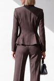 Coffee Pinstripe V-Neck 2 Piece Peplum Women Suits with Pockets