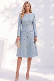 Blue A-Line Round Neck Long Sleeves Midi Work Dress