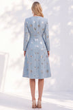 Blue A-Line Round Neck Long Sleeves Midi Work Dress