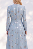 Blue A-Line Round Neck Long Sleeves Midi Work Dress