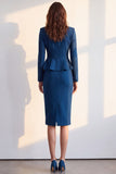 Dark Blue Two Piece Notched Lapel Fitted Midi Women Suits