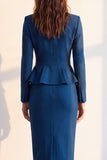 Dark Blue Two Piece Notched Lapel Fitted Midi Women Suits