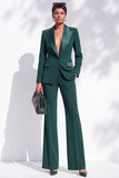 Dark Green Satin Peak Lapel V-Neck Single Breasted Long Women Suits with Pockets