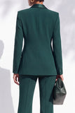 Dark Green Satin Peak Lapel V-Neck Single Breasted Long Women Suits with Pockets