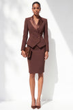 Coffee Fitted Satin Peak Lapel Knee-Length Double Breasted Women Suits
