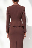 Coffee Fitted Satin Peak Lapel Knee-Length Double Breasted Women Suits
