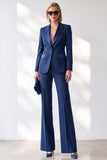 Dark Blue 2-Piece Peak Lapel Single Breasted V-Neck Women Suits