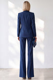 Dark Blue 2-Piece Peak Lapel Single Breasted V-Neck Women Suits