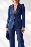 Dark Blue 2-Piece Peak Lapel Single Breasted V-Neck Women Suits