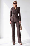 Coffee Pinstriped Peak Lapel Double Breasted 2 Piece Women Suits